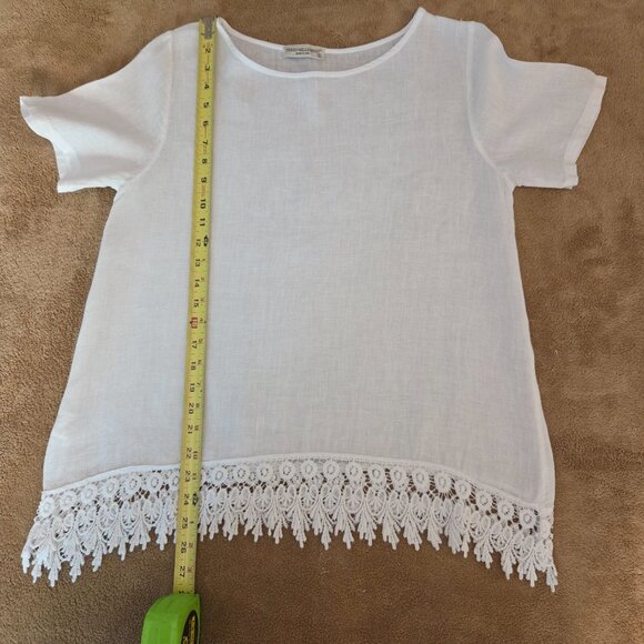 Terzo Millennio 100% Linen Pullover Top Size S White Made in Italy Crochet Trim - Picture 8 of 8